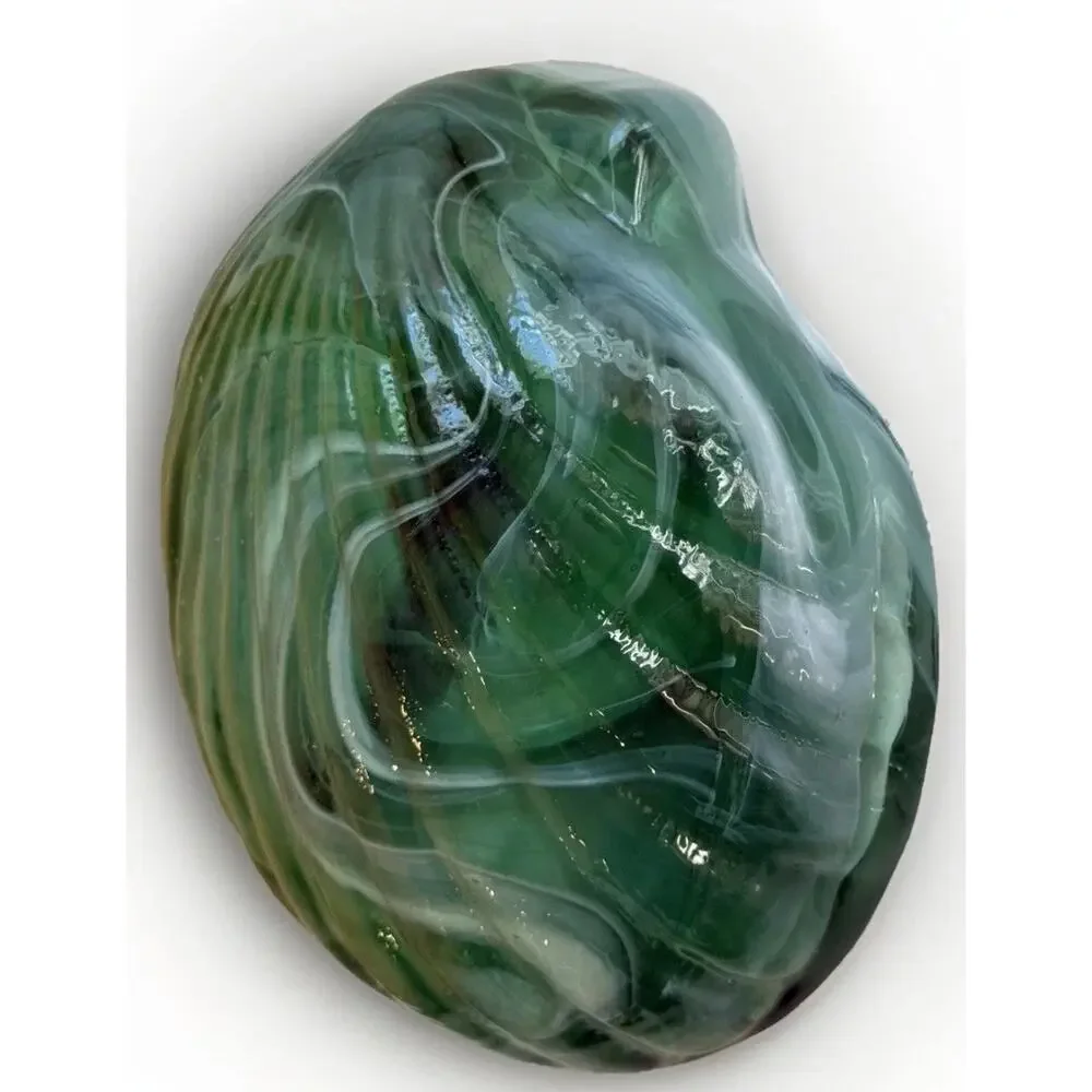 Vintage Green Swirl Sea Shell Shaped Hand Made Signed Art Glass Paperweight 5x5